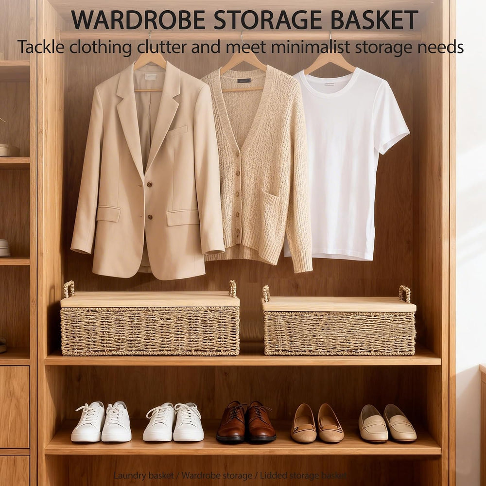Woven Seagrass Wicker Storage Basket Set of 2 with Wooden Lids