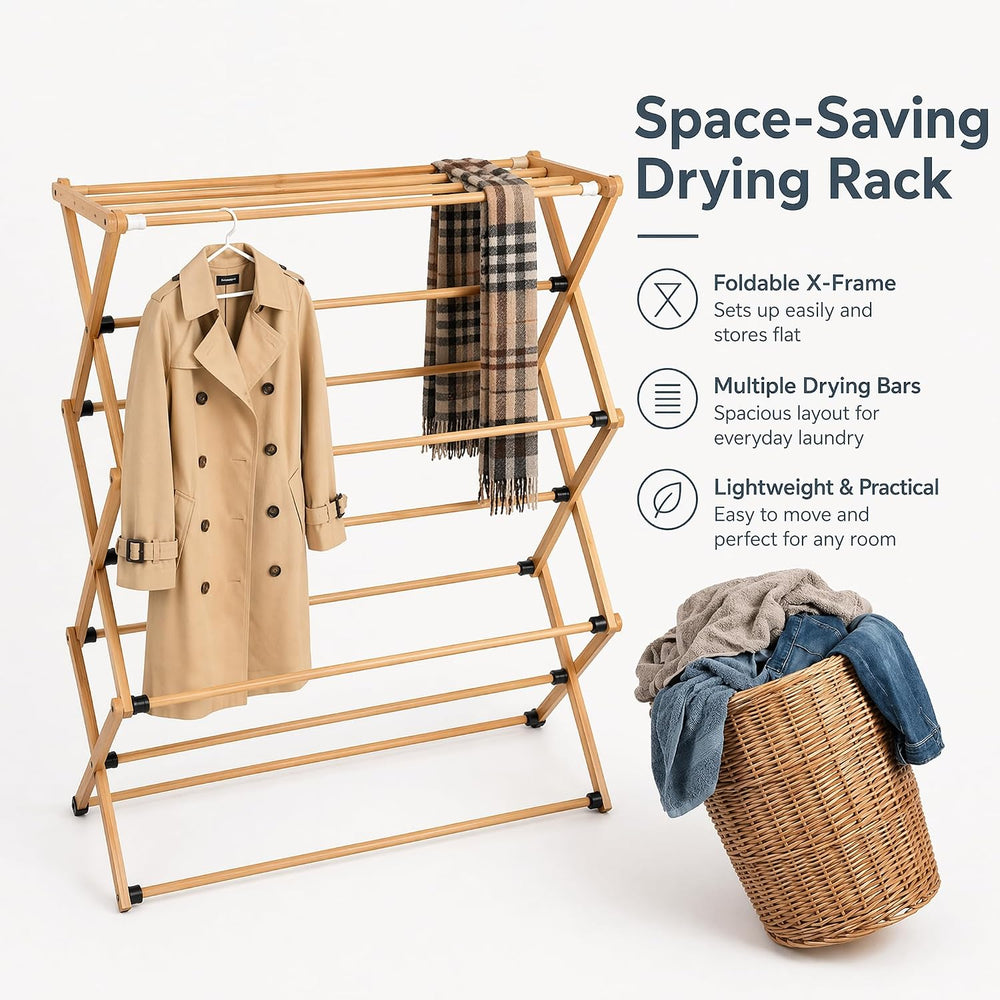 Bamboo Clothes Drying Rack, 3-Tier Tall Laundry Drying Rack