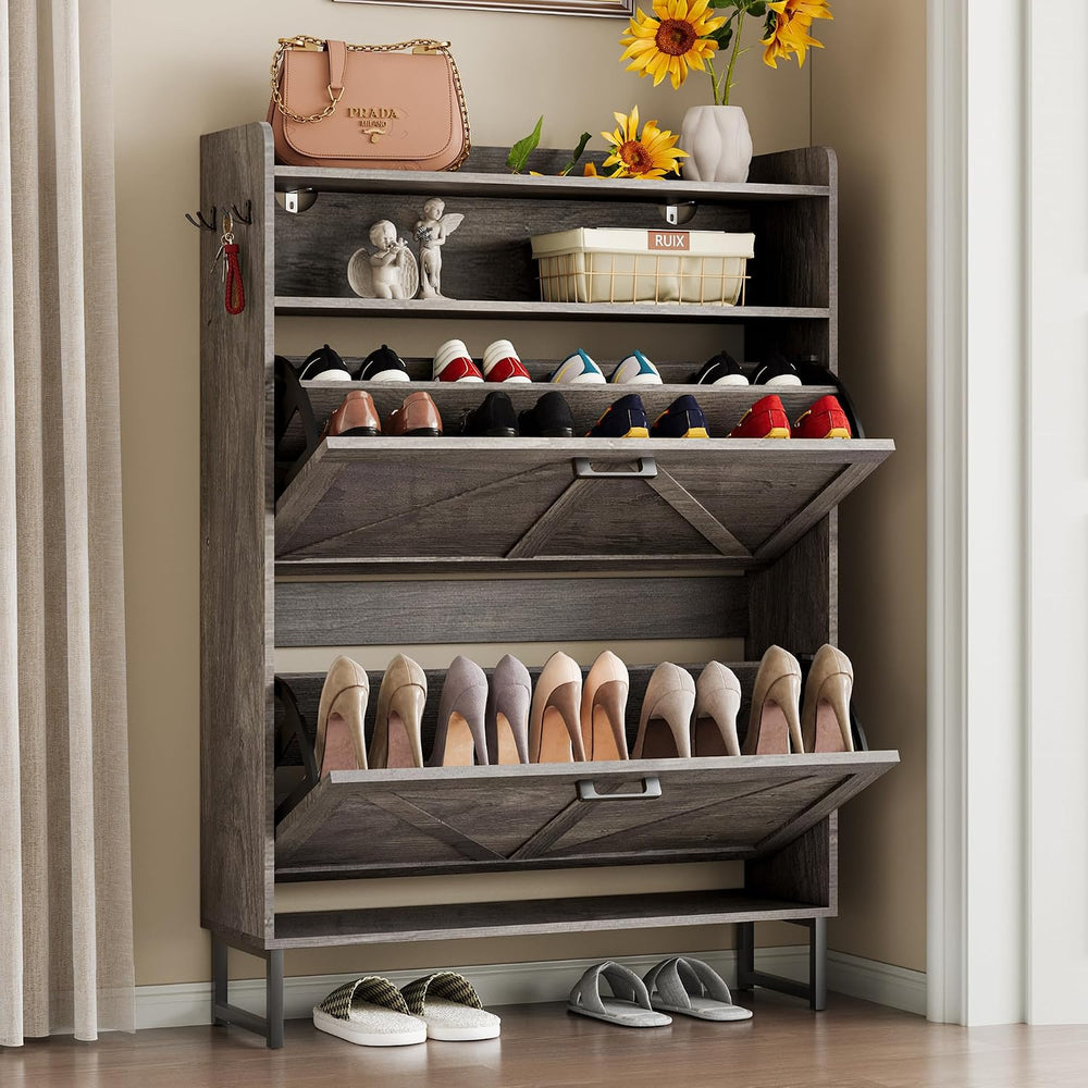 BORNOON Shoe Cabinet with 2 Flip Drawers Narrow Shoe Storage Organizer Wooden...