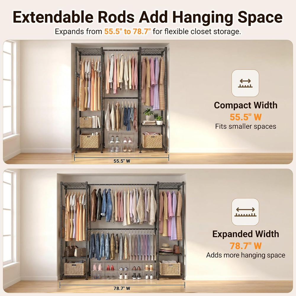 Homdox Heavy Duty Garment Rack, Expandable Freestanding Closet Organizer with...