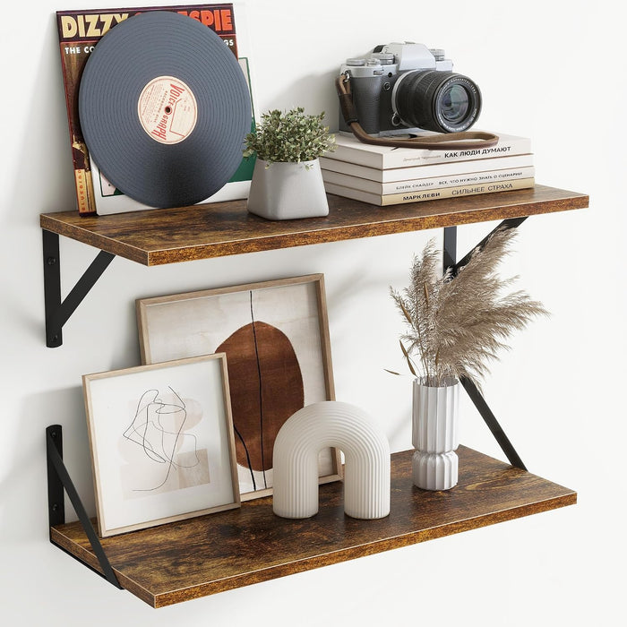 Acovy Floating Shelves for Wall Decor,24" Wx8 D Wall Mount Floating Bookshelf Set of 2,Hanging Storage Shelf with Sturdy Metal Brackets,Wooden Shelf for Living Room,Bedroom,Bathroom,Rustic Brown