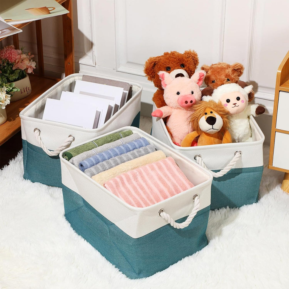 meekoo 8 Pack Fabric Storage Bins Baskets, 15 x 11 x 9.5 in, Cyan White
