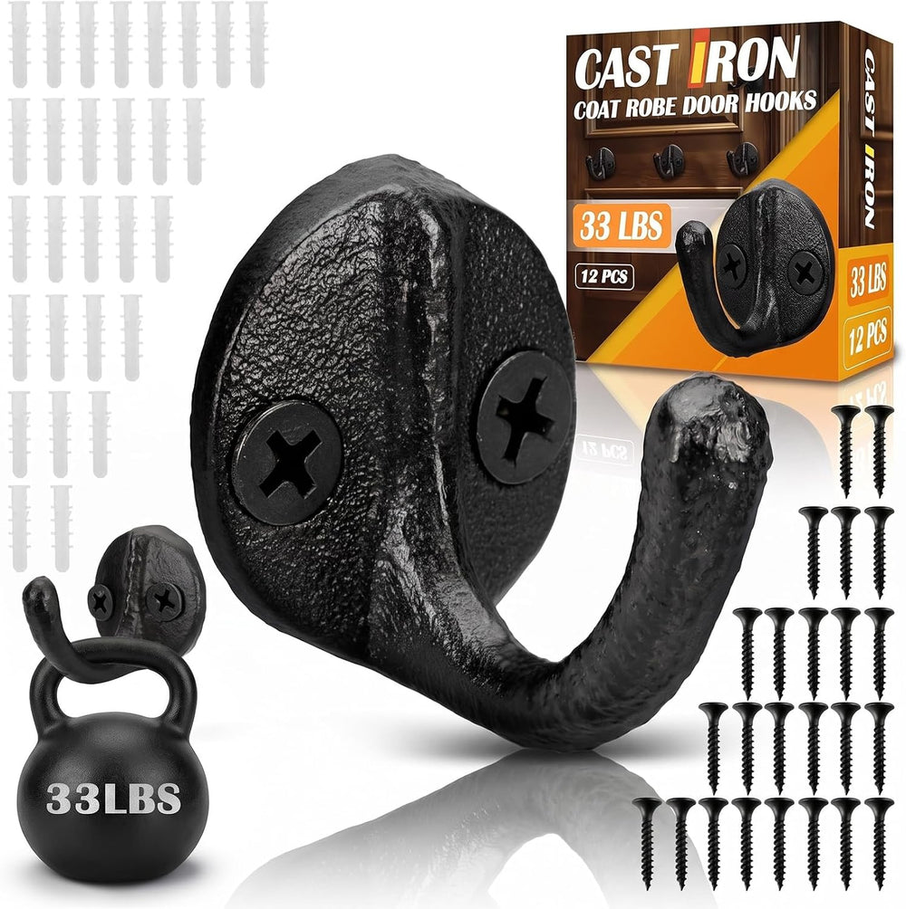 Duraaamo 12 Pcs Rustic Cast Iron Coat Hooks 1.6 x 1.1 in Heavy Duty, Black