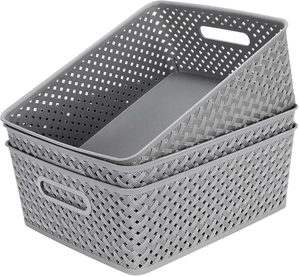 MaxGear 3 Pack Plastic Storage Baskets, Large, Grey