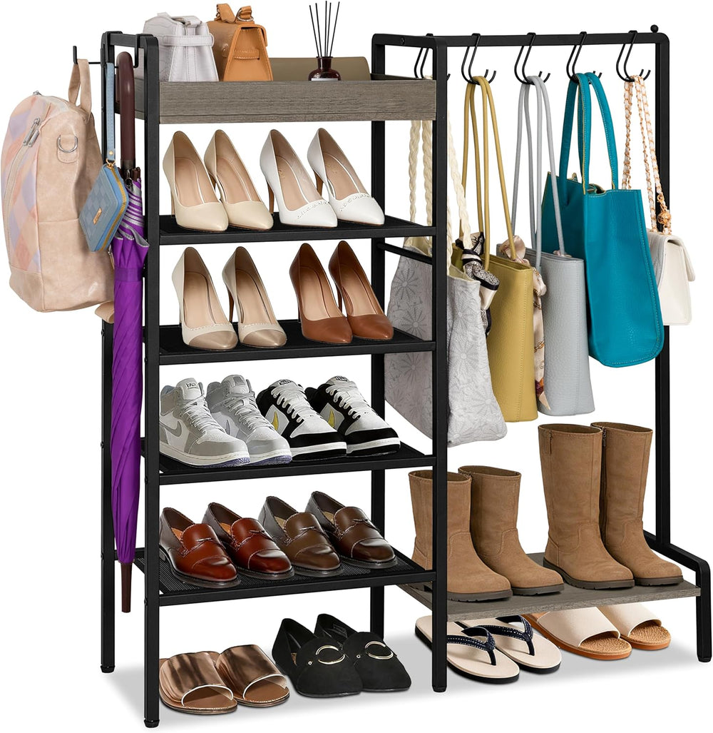 2-in-1 Shoe and Purse Rack, 5-Tier Shoe Rack with Wooden Tray & 7 Hooks, ...