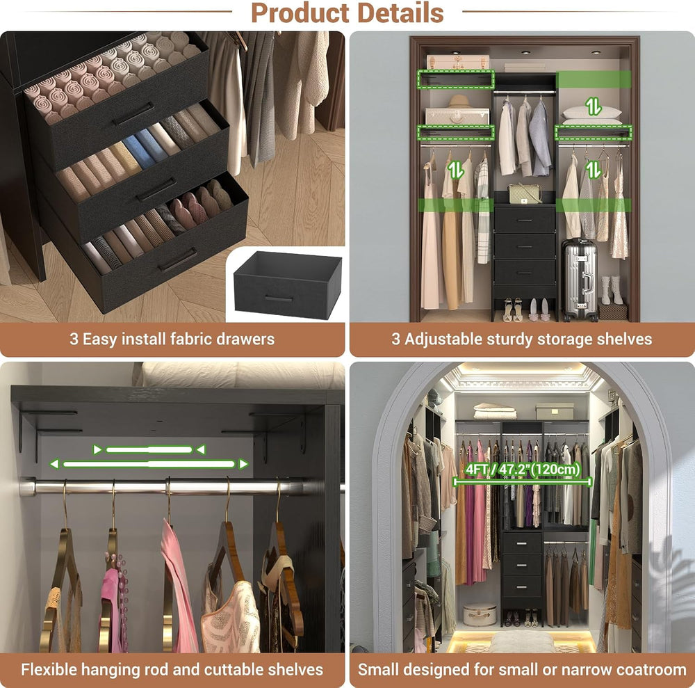 Besiost 4FT Small Closet System with 3 Fabric Drawers, 48'' Closet Or...