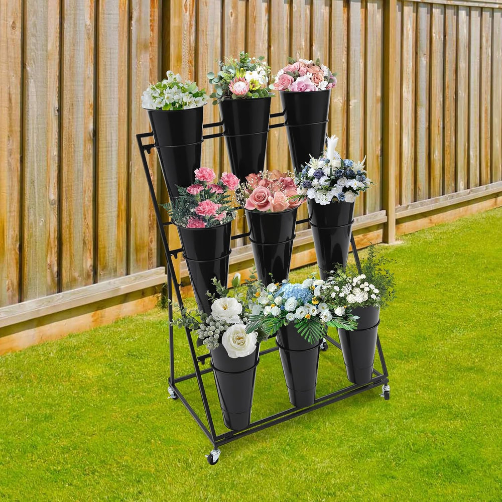 Flower Display Stand with 9 Pcs Round Buckets, 3 Layers Metal Plant Stand Mov...