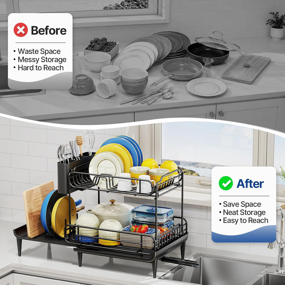 Urackify Dish Drying Rack for Kitchen Counter, Expandable 2 Tier Dish Rack, L...