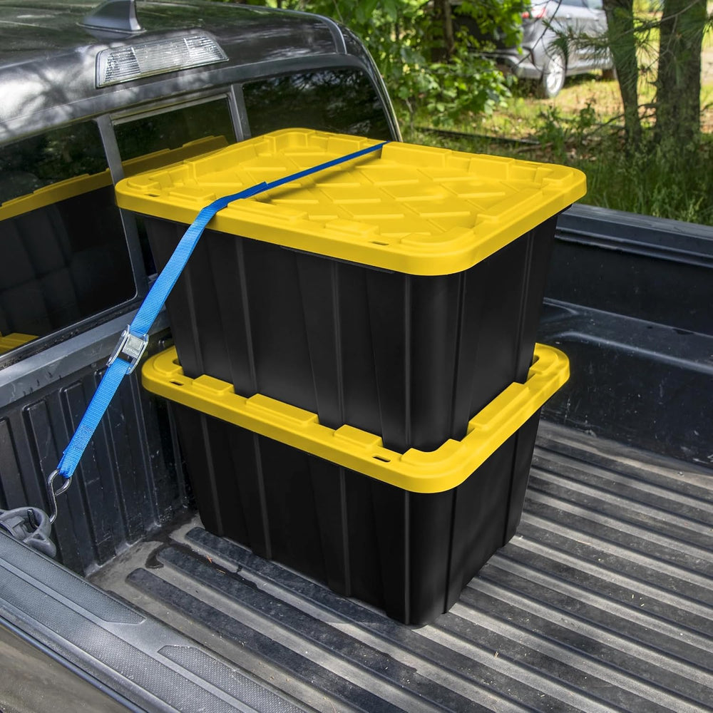 27 Gallon Durable Plastic Storage Tote with Snap-On Lid, Black and Yellow, He...