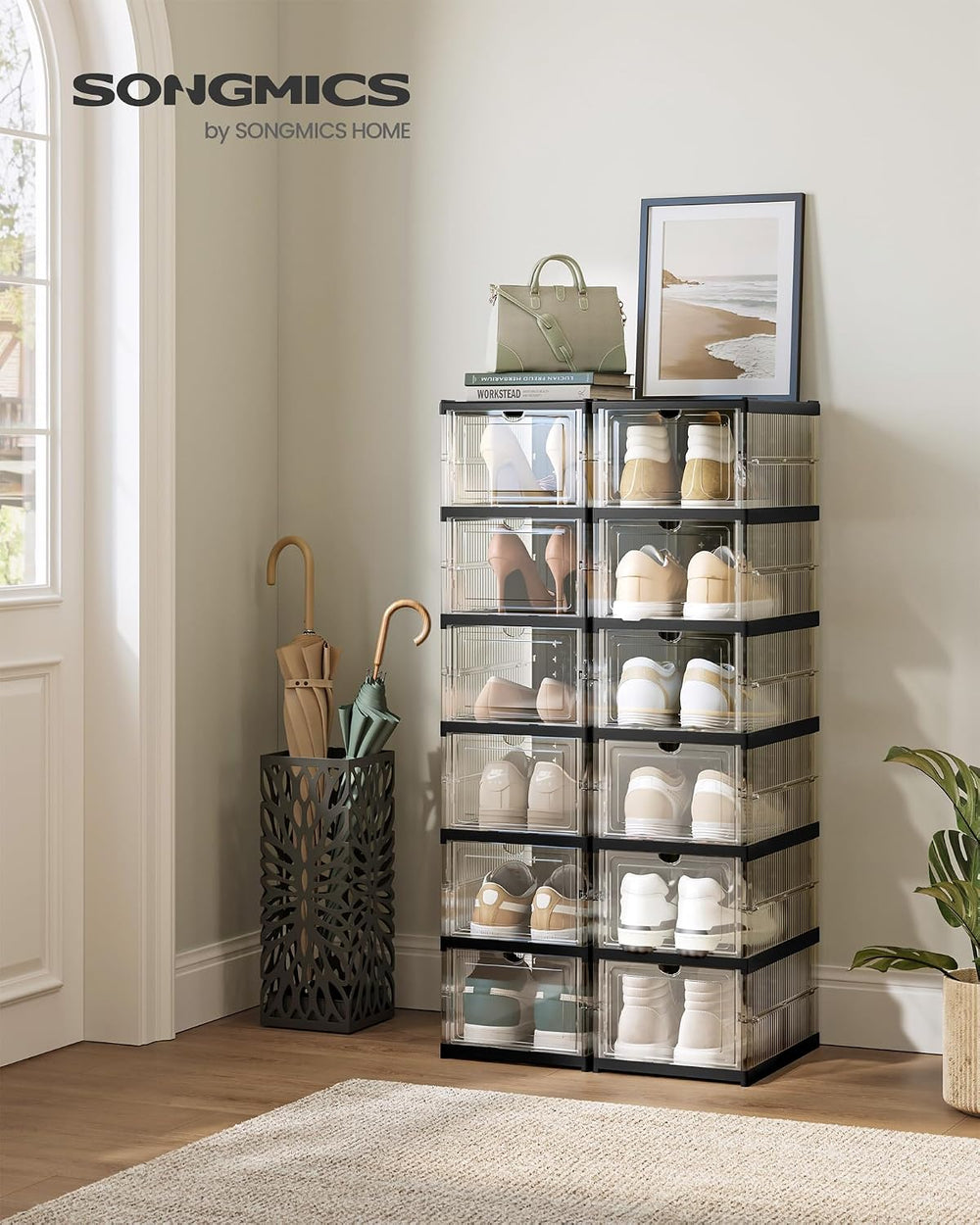 SONGMICS Foldable Shoe Boxes, 6-Tier for 12 Pack, Fit up to US size 13