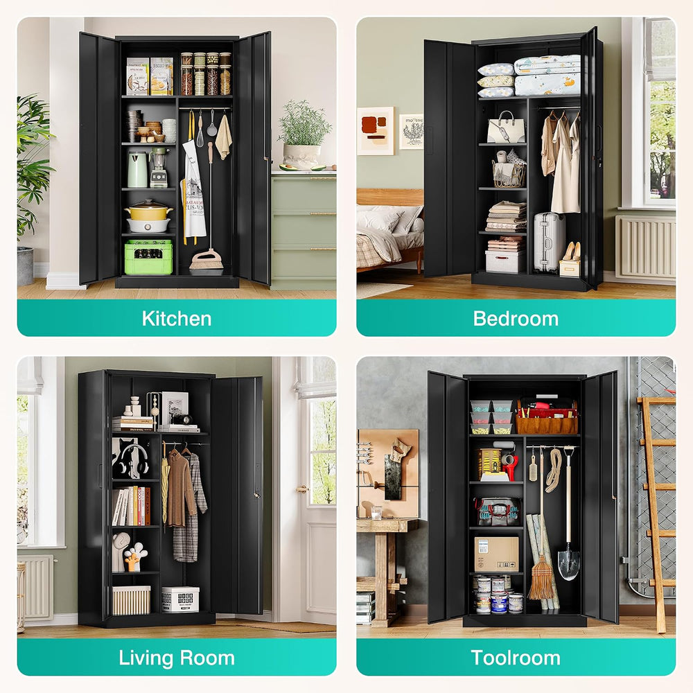 Wide & Deep Metal Storage Cabinet with Hanging Rod,Black Broom Closet Sto...