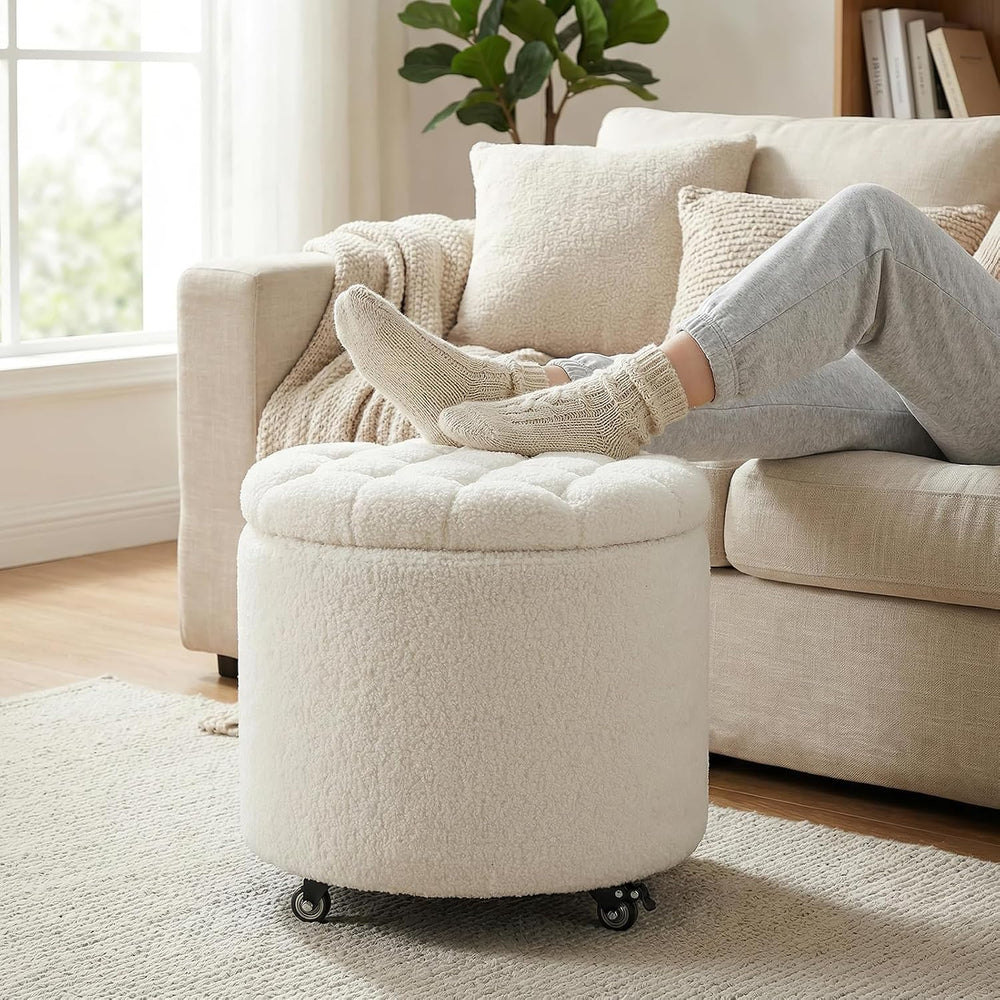 Furniliving Modern Round Storage Ottoman with Wheels,Button Tufted Ottoman Fo...