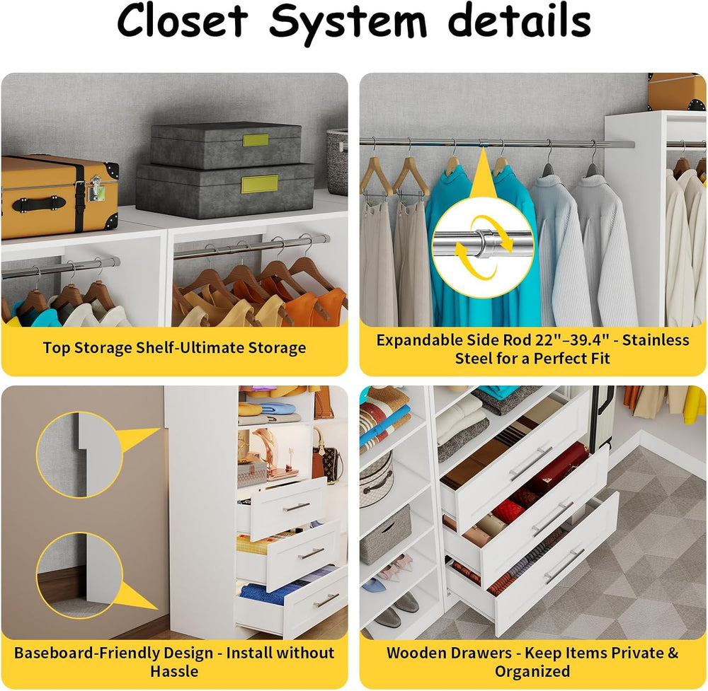 Closet System with 9 Drawers, Corner Closet Organizer System with 9 Hanging R...