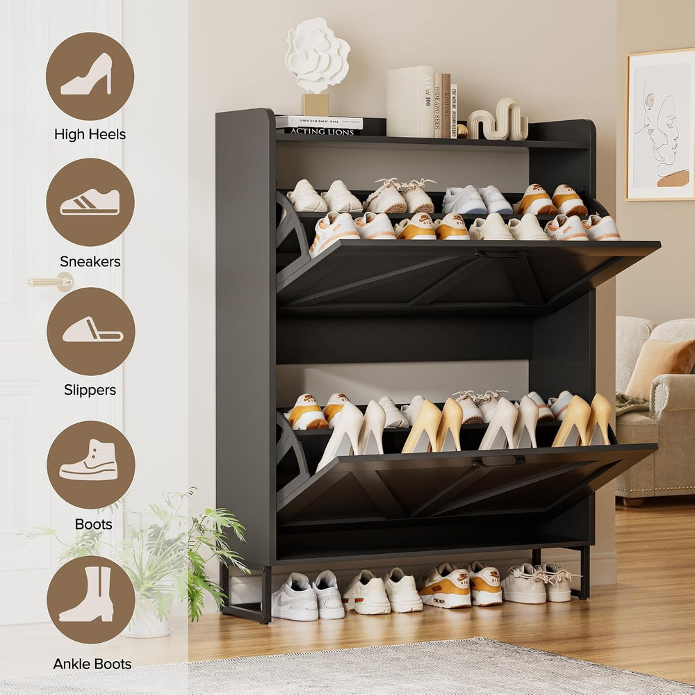 EOYUTLLY Shoe Cabinet for Entryway with 2 Flip Drawers,Narrow Wooden Shoe Sto...