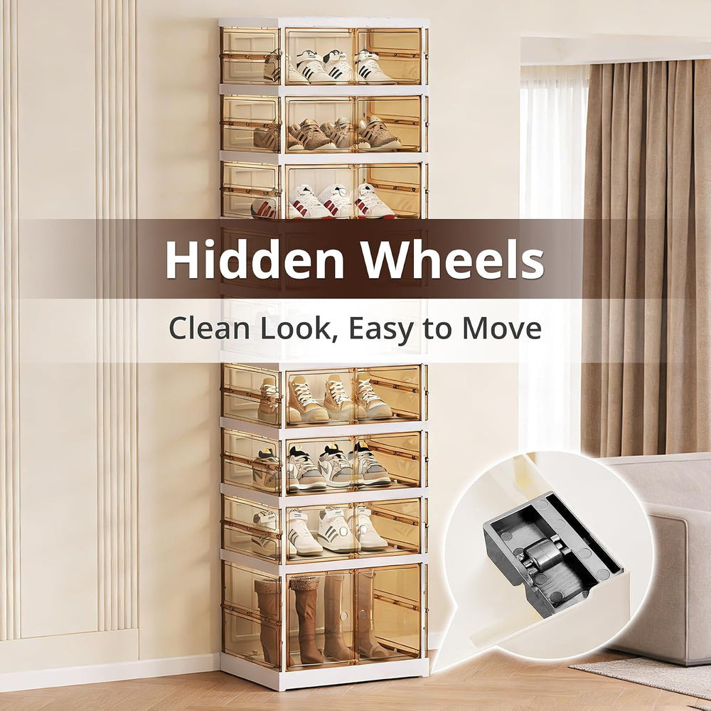 Foldable Shoe Cabinet, 9-Tier Rolling Rack with Magnetic Doors, 18 Pairs
