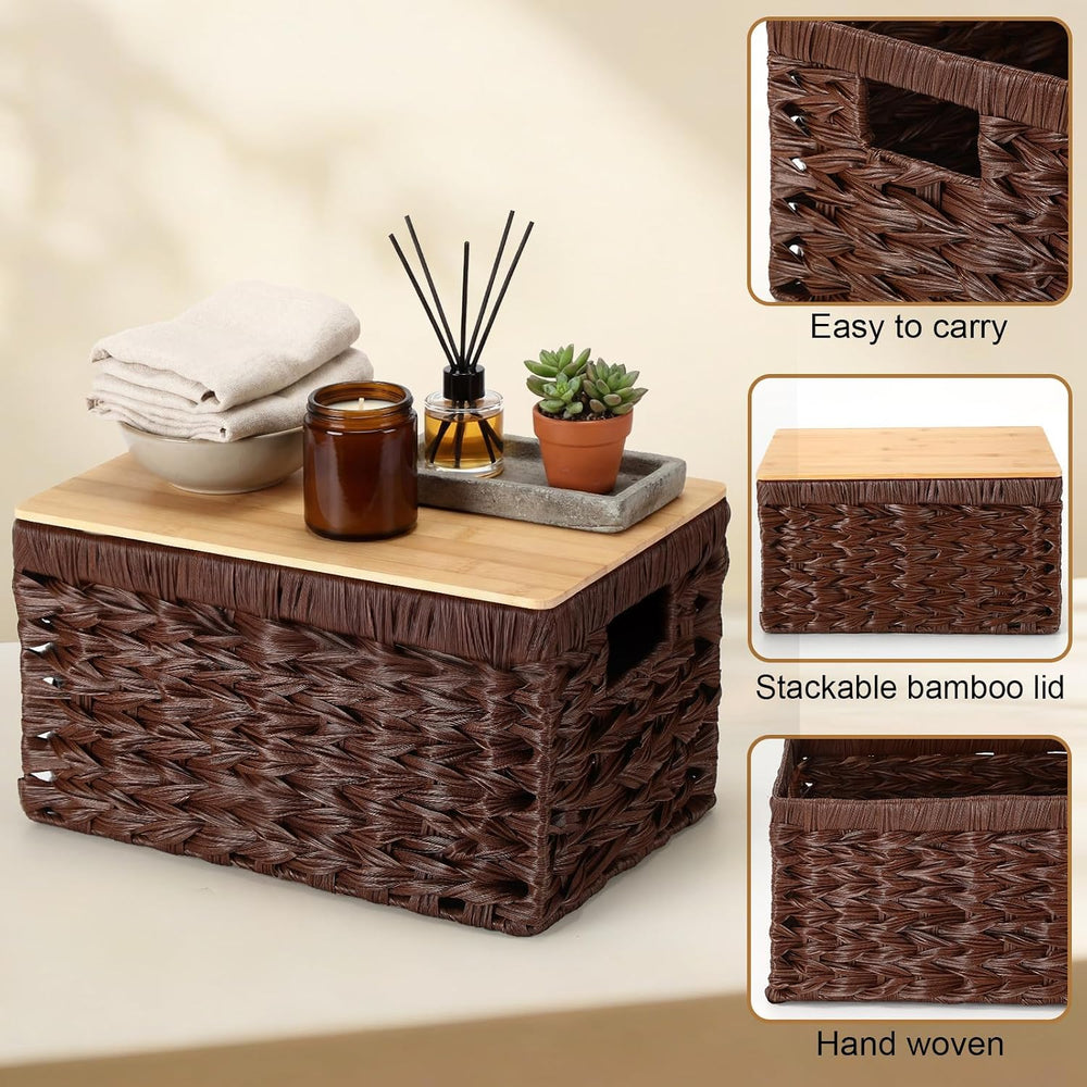 Briwooody 3 Pcs Wicker Storage Baskets with Bamboo Lids 13 x 8.7 x 7.1 Inch S...