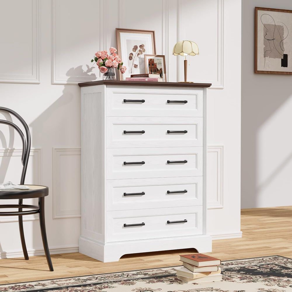 YESHOMY Tall Dresser for Bedroom, Farmhouse 5 Drawers Dresser, White&Brown