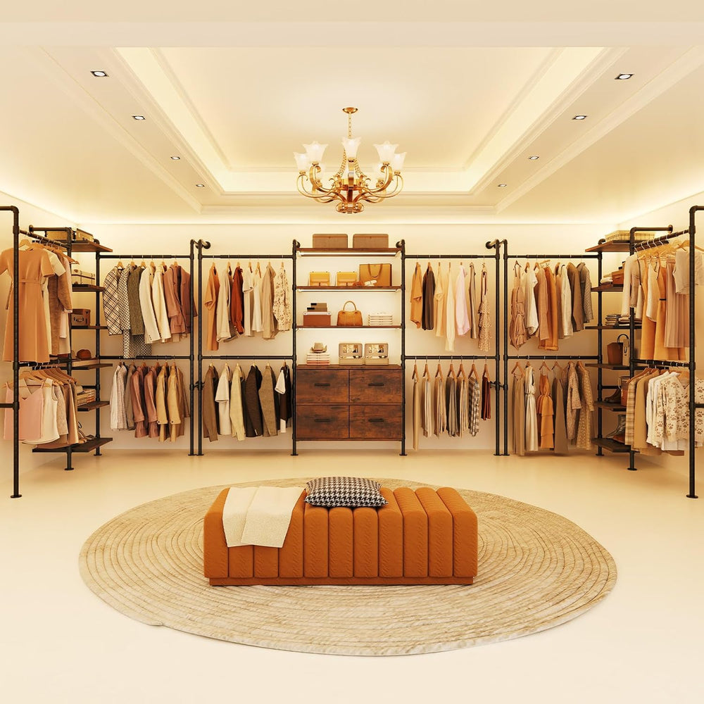 ONBRILL T1 Wall Mounted Closet System with 6 Wood Shelves & 4 Hanging Rods