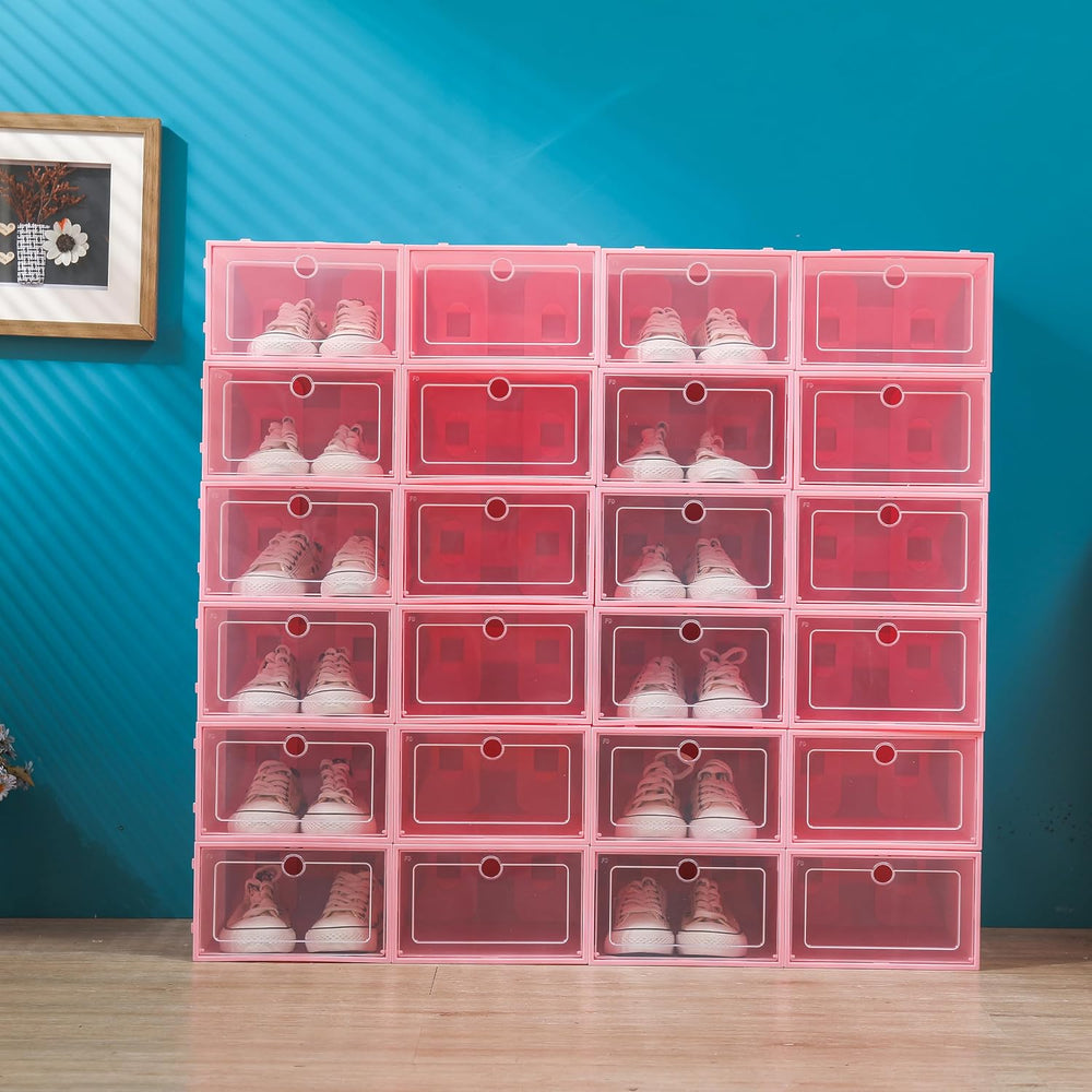 24 Pack Stackable Shoe Boxes with Clear Lids - Foldable Shoe Storage Organize...