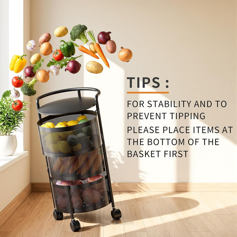 JAQ No Assembly Rotating Kitchen Storage Organizer, 3-Tier Metal Basket Rack ...