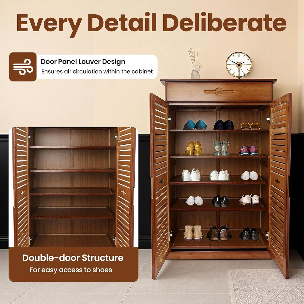5 Tier Shoe Cabinet with Drawer, Bamboo Shoe Cabinet Organizer with Door, Ret...