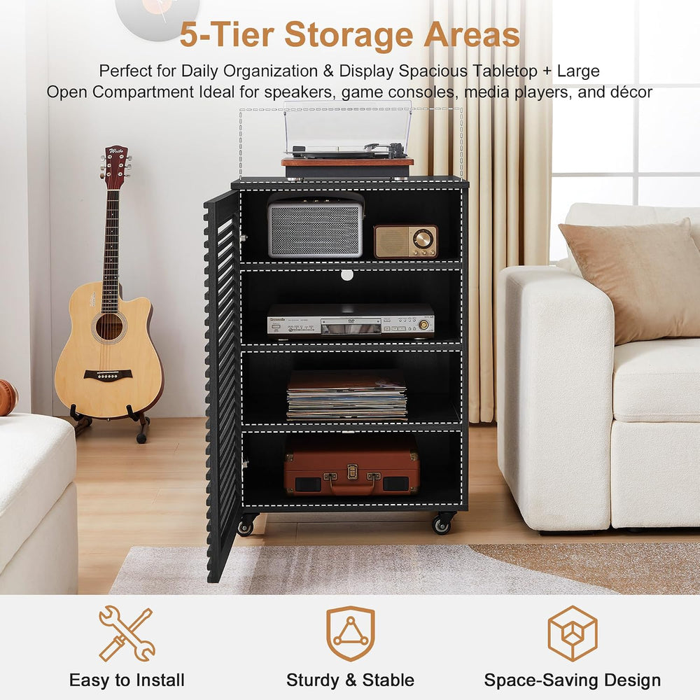LEVNARY 5-Tier AV Media Cabinet with Grille Door, Modern Wooden Stereo Rack w...