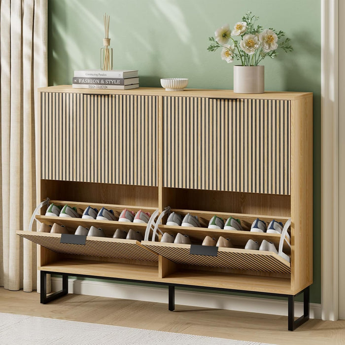 Shoe Cabinet Storage with 4 Flip Drawers and Metal Legs, Natural Wood丨Slim Shoe Organizer Cabinet, Modern Freestanding Hidden Shoe Rack for Entryway, Hallway