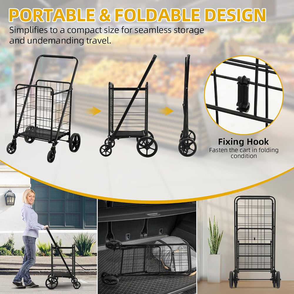 DWVO Utility Foldable Shopping Cart with Wheels, Large Portable Collapsible