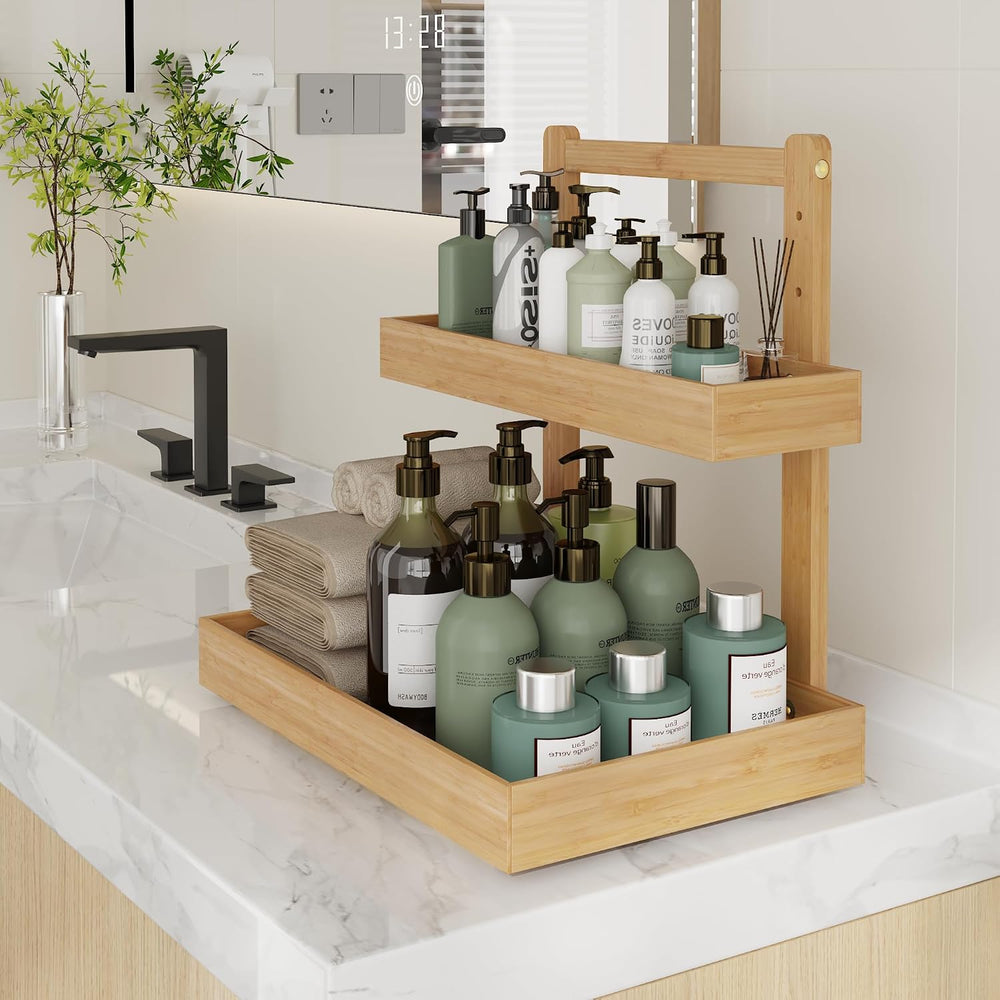 Under Sink Organizer, L-Shaped 2 Tier Pull Out Cabinet Organizer