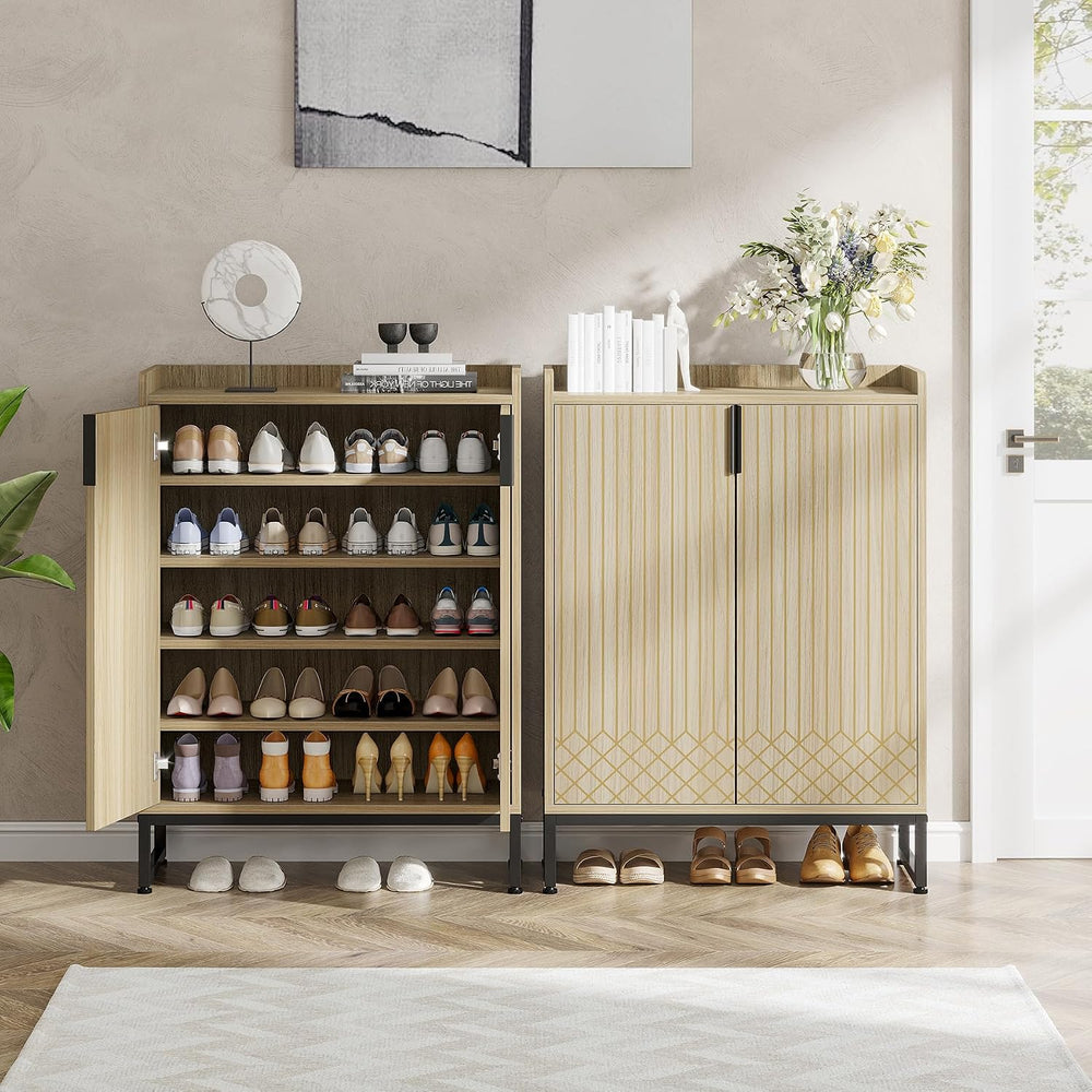 Tribesigns Shoe Cabinet with Doors,Natural 5 Tiers Shoe Storage Cabinet for E...