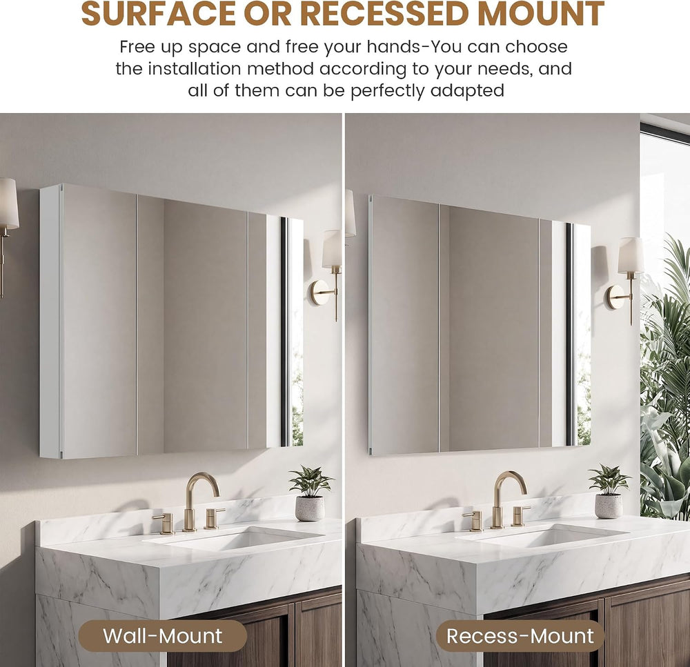 36 x 28 Bathroom Mirror Medicine Cabinet 3 Doors, Recessed & Wall-Mounted