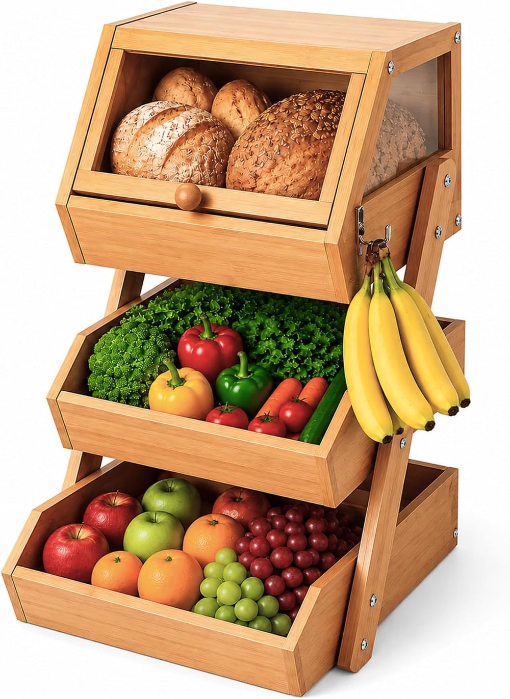 3-Tier Bamboo Basket with Preassembled Drawers, Acrylic Cover & Banana Ho...