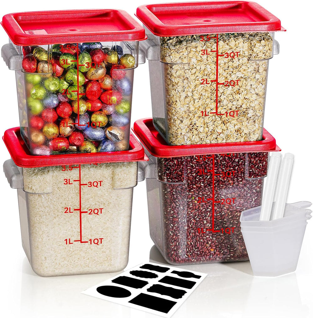 4QT 4PCS NSF Commercial Clear Food Storage Containers with Lids(RED)