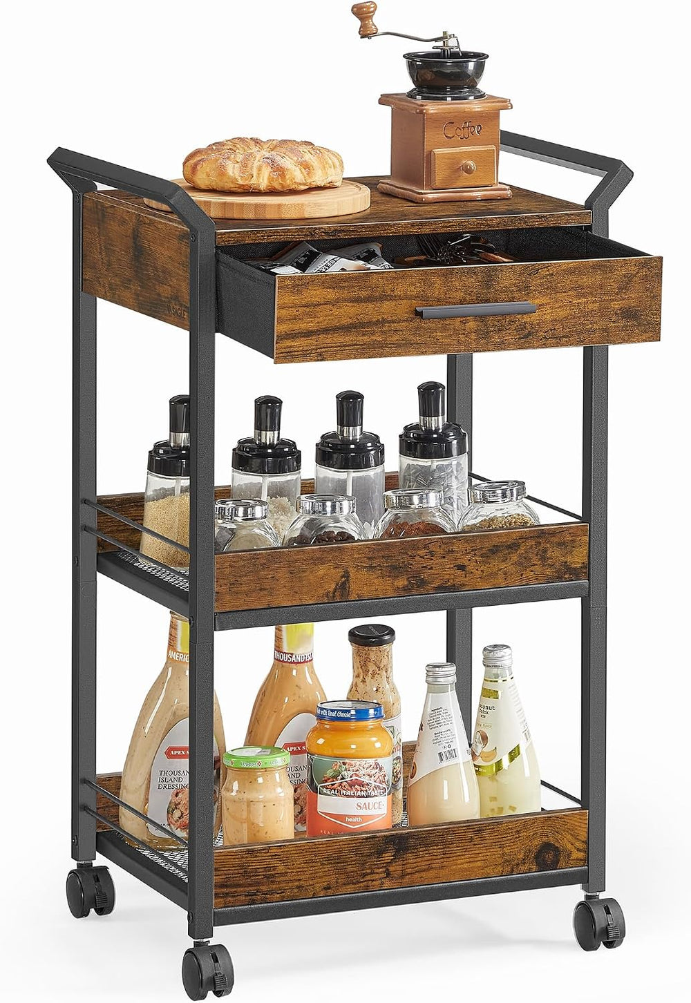VASAGLE Storage Cart, 3-Tier Rolling Utility Cart with Table Top