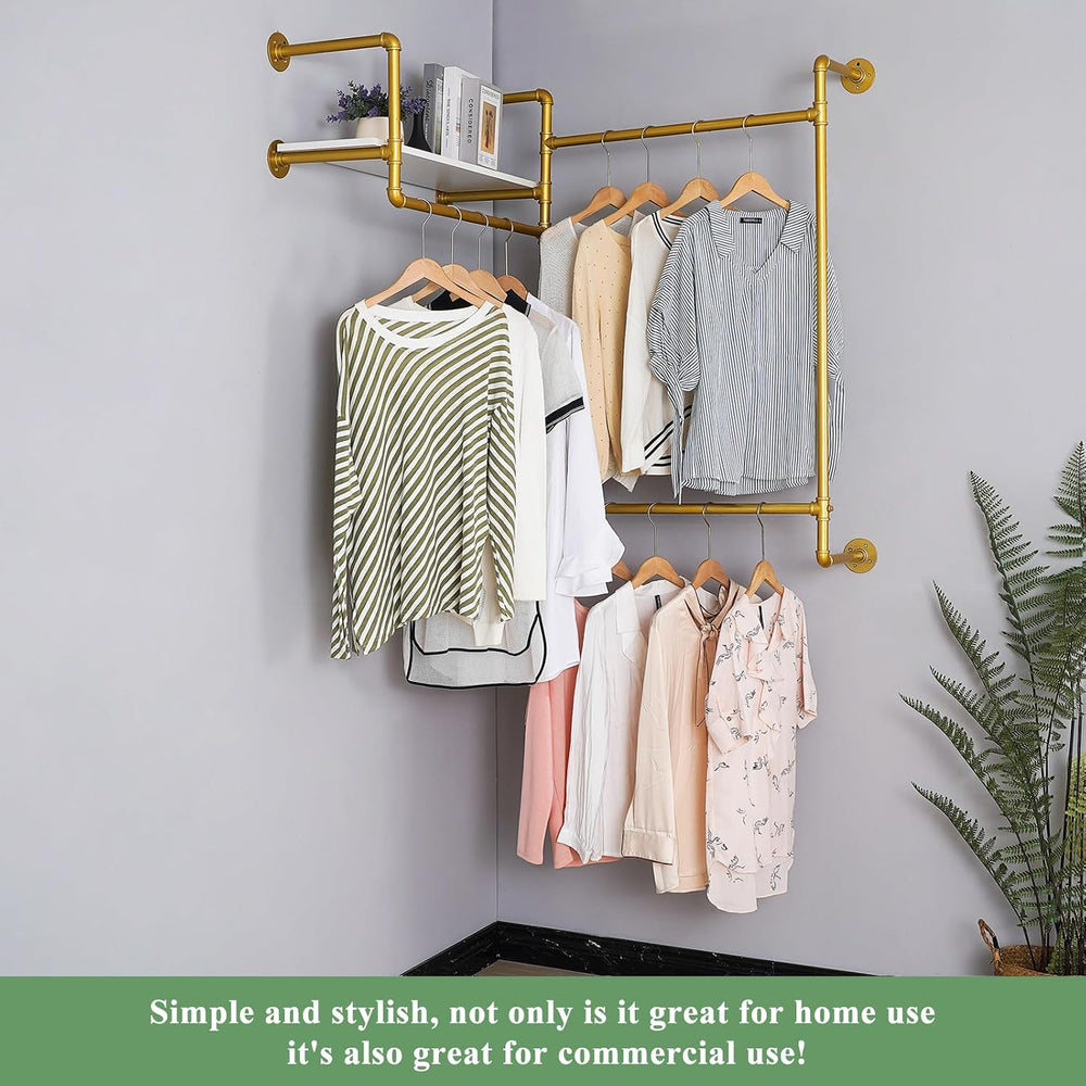 Industrial Pipe Clothing Rack, Wall Mounted Heavy Duty Garment Rack with Wood...