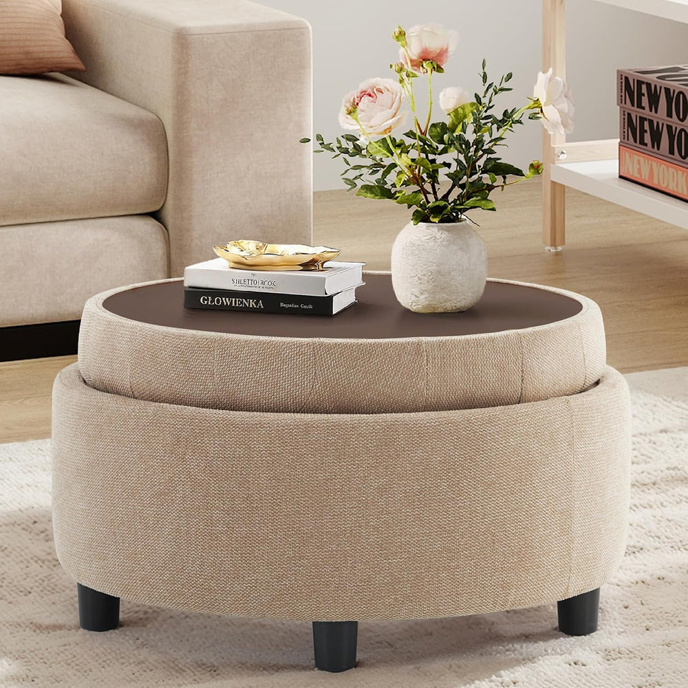 COLAMY Fabric Round Storage Ottoman with Reversible Tray Lid – Multi-Function...