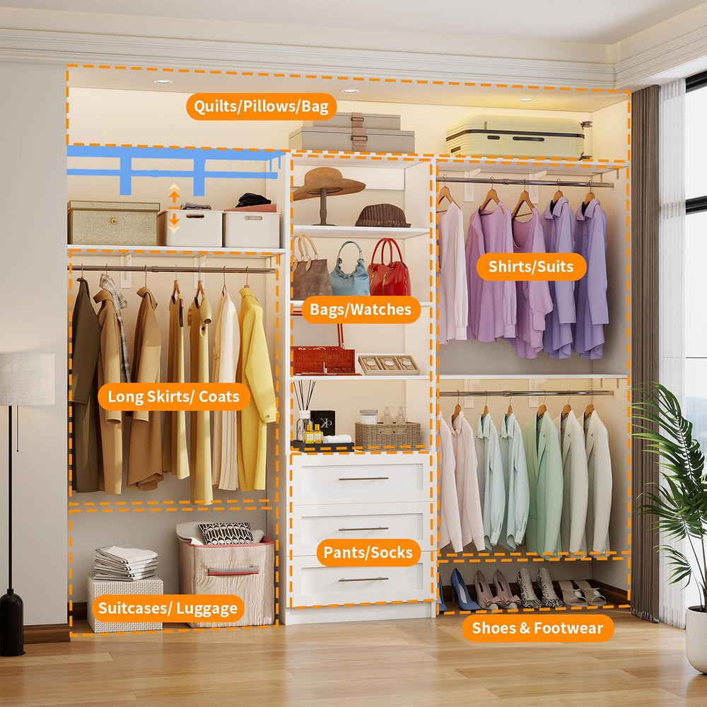 Closet System with 3 Wood Drawers, 5-7.61FT Closet Organizer System with Cutt...