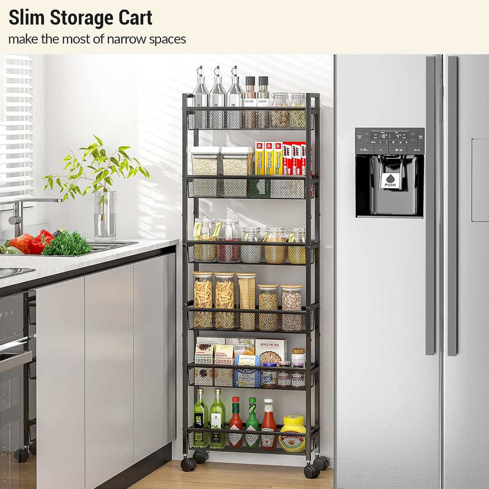 ThreeHio 6 Tier Slim Storage Cart, Narrow Cart with Wheels, Metal Mobile Shel...