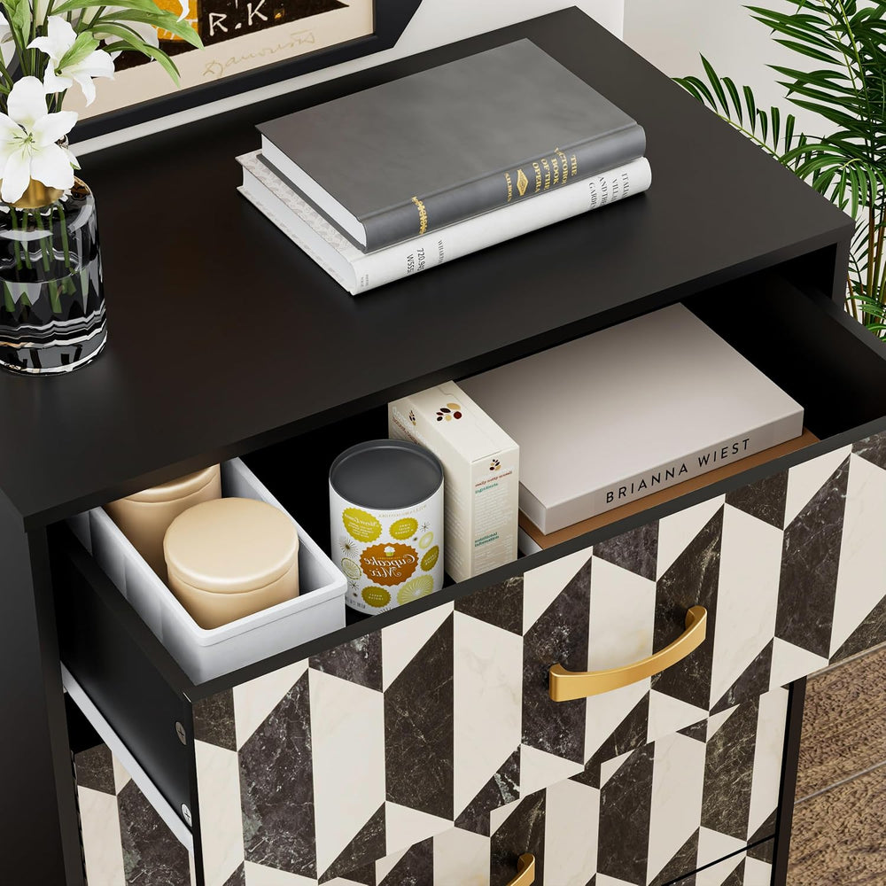 Anbuy Faux Marble 4 Drawers Dresser for Bedroom, Black and White Marble Moder...