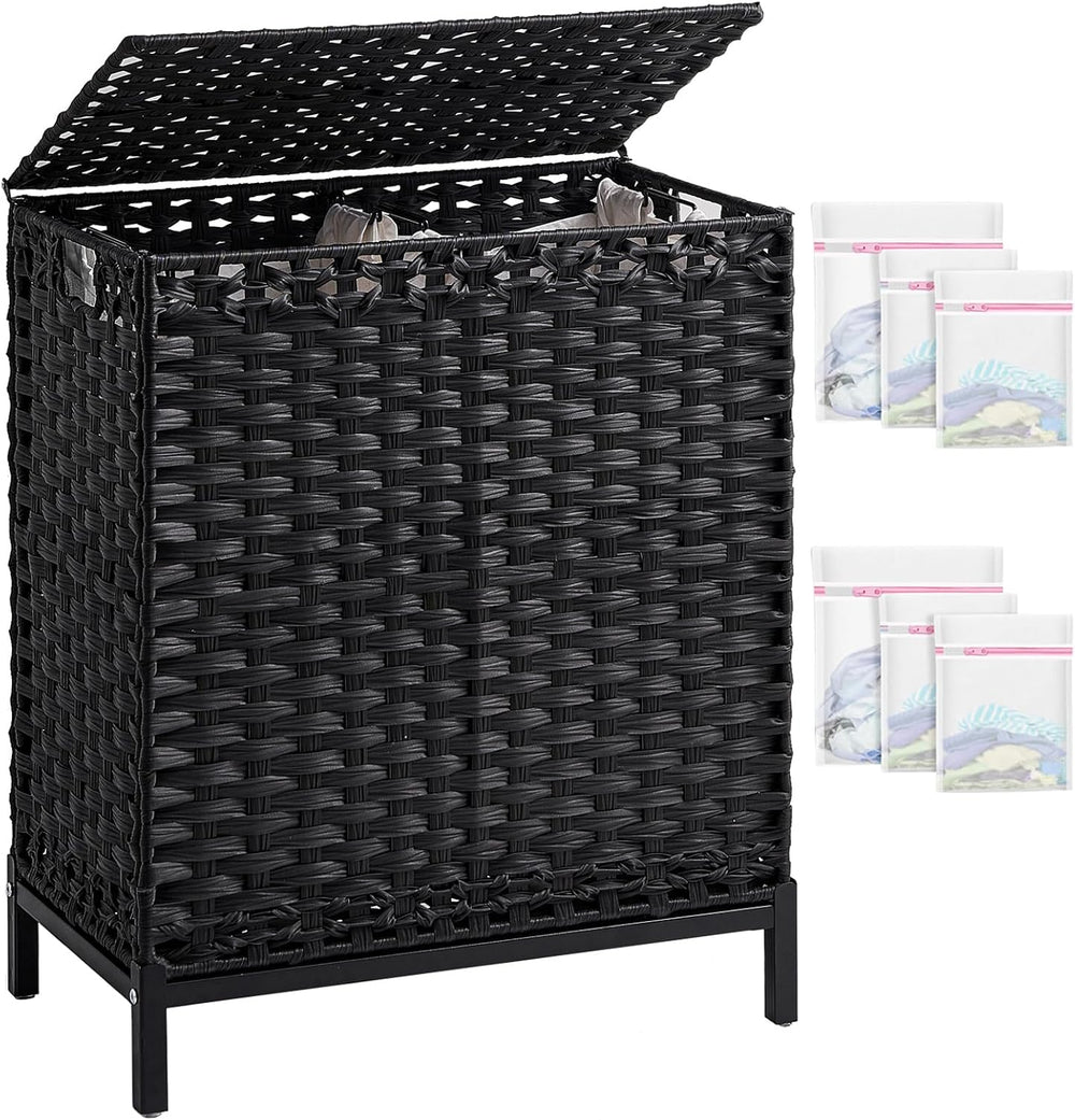 SETVSON Laundry Hamper with Lid, 112 L PE Rattan Woven Bin, Black