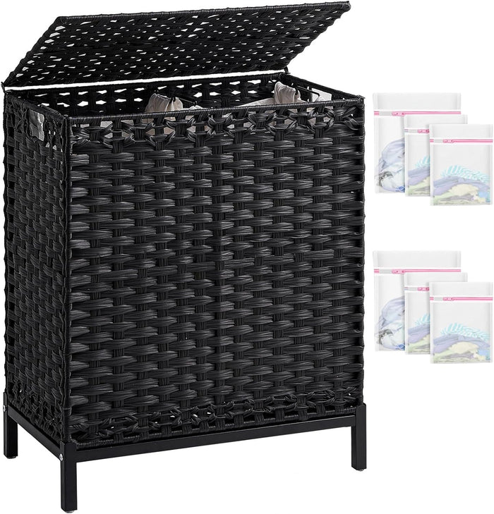 SETVSON Laundry Hamper with Lid, 112 L PE Rattan Woven Bin, Black