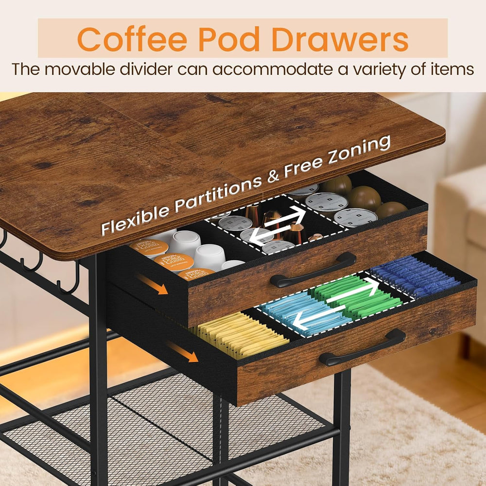 Snughome 5 Tier Rolling Coffee Cart with 2 Large Drawers & Removable Divi...