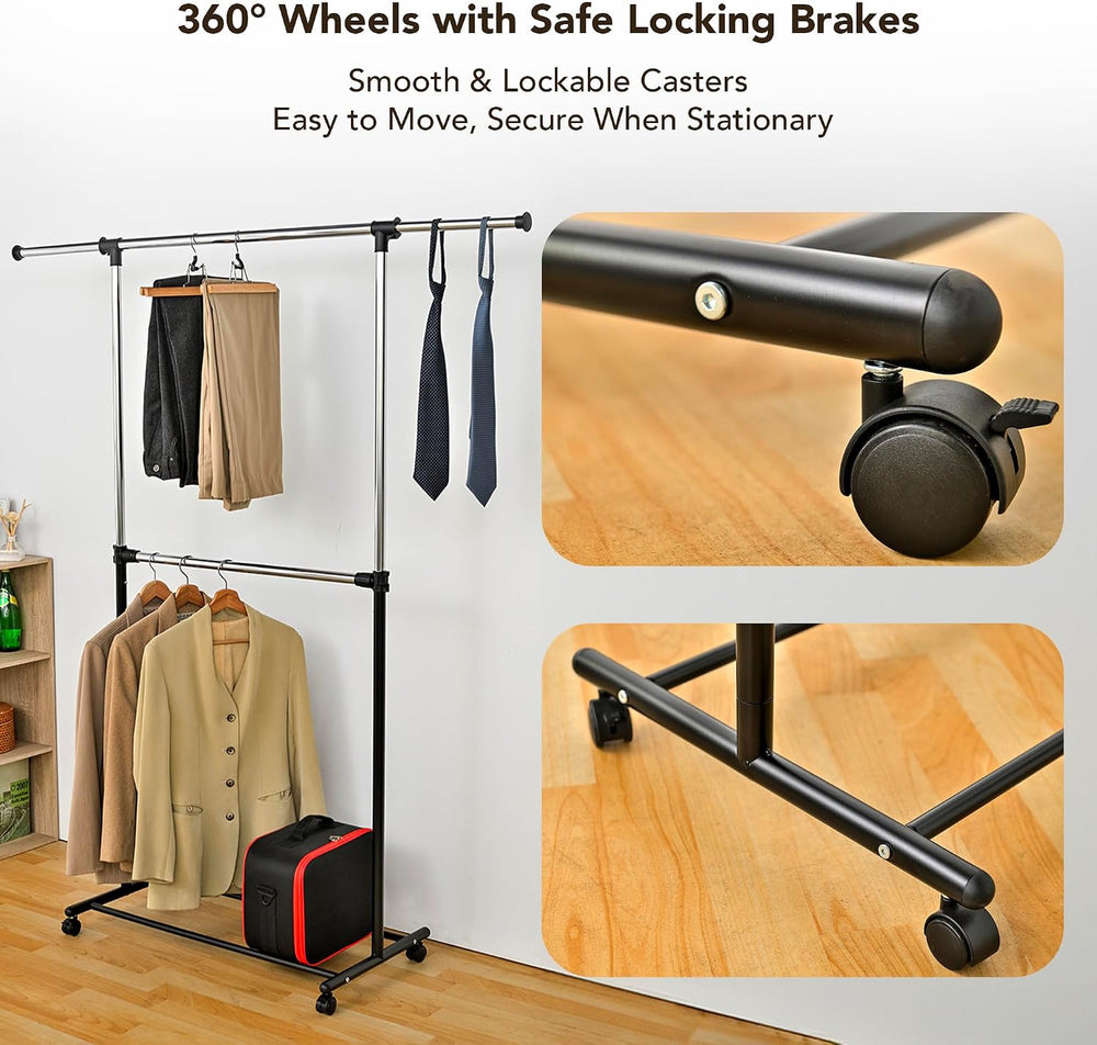 Displays By Jack Double Rail Clothes Rack, Adjustable Rolling Garment Rack on...