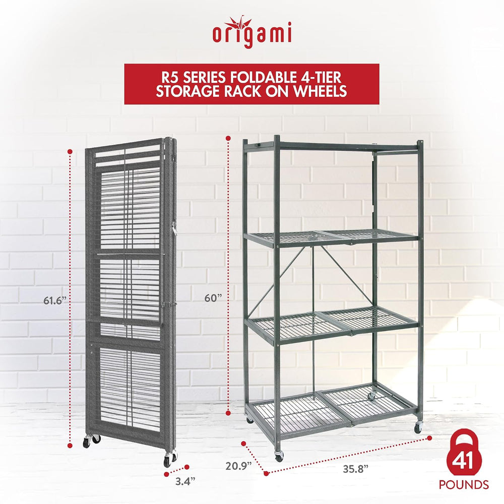 Origami 3-Pack R5 Storage Rack, 4-Tier Heavy-Duty Foldable Steel Shelf with W...