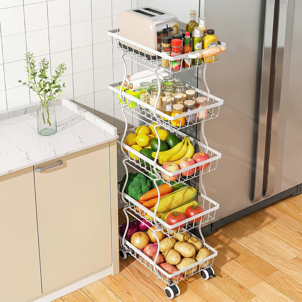 SAYZH 5-Tier Fruit Basket Stand with Vegetable Baskets for Kitchen, White