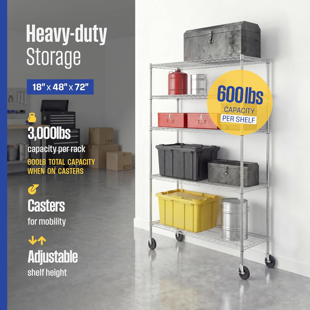 SafeRacks NSF 5-Tier Heavy Duty Wire Shelving Unit w/Wheels, 18"x48"...