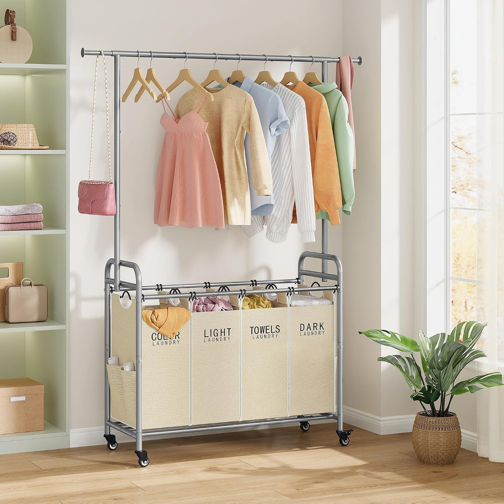 Tajsoon Laundry Hamper with Hanging Rack, Laundry Sorter 4 Sections, Beige