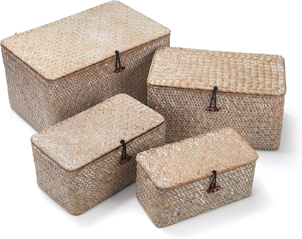 Wicker Basket with Lid, Seagrass Storage Basket, Woven Decorative Storage Bas...