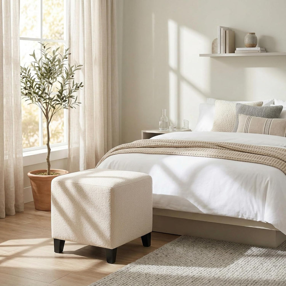 Joveco 16.3" Square Cube Ottoman, Modern Linen Fabric Foot Stool with So...