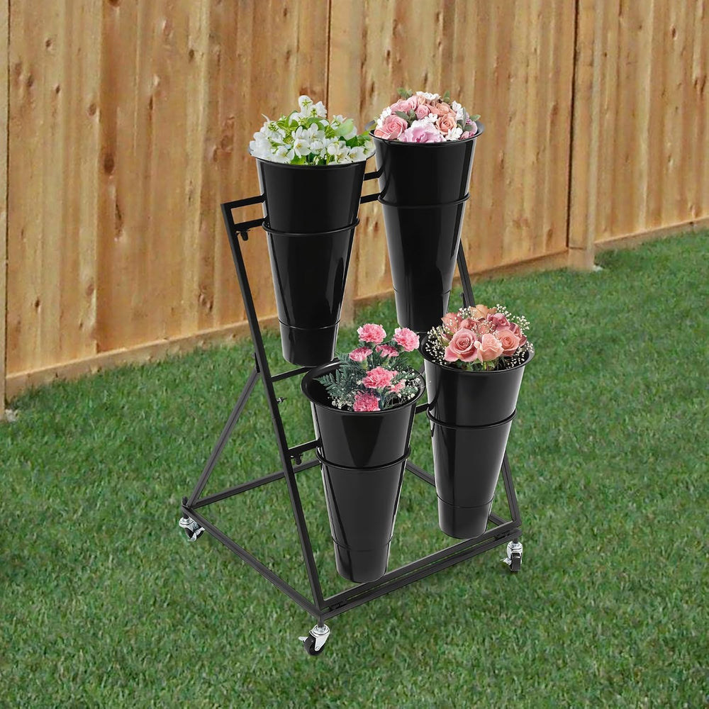 Flower Display Stand with 4PCS Round Buckets 2 Tiers Metal Mobile Florist Bou...